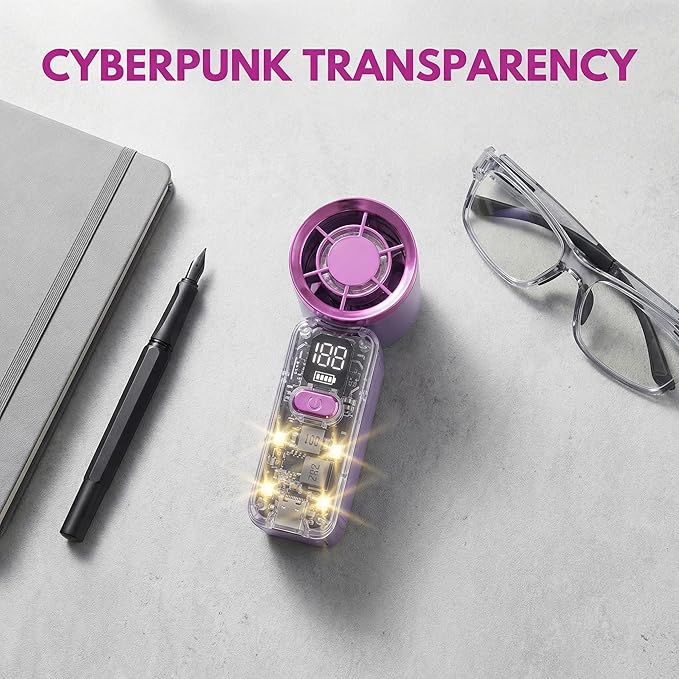 Handheld Portable Turbo Fan with Lights, Cyberpunk Mini Fan with LED Display &5 Speeds,USB C Rechargeable Small Pocket Fan for Concert/Camping/Travel/Outdoor Gift for Women Girl
