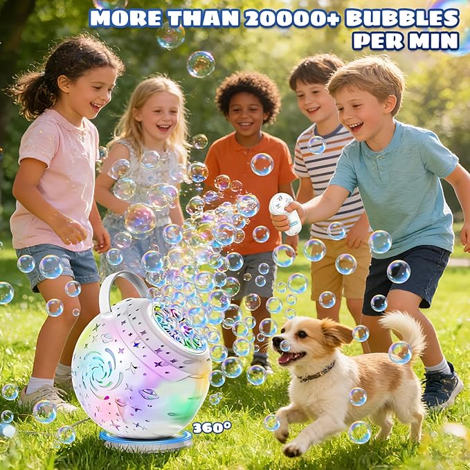 Rechargeable Bubble Machine - Auto 90°/360° Rotation, Remote Control and 7 Colors RGB LED Light, Bubbles Maker Toys for Kids, Bubbles for Wedding Parties, Easter Birthday and Xmas Gift for Boys Girls