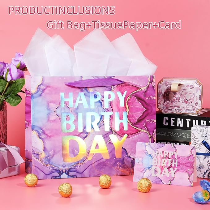 PARNOG 13" Large Happy Birthday Gift Bag with Tissue Paper and Card for Girls Kids Women Birthday（2PCS）
