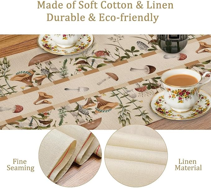 Wild Mushroom Table Runner, Retro Floral Plants Botanical Print Table Cover for Kitchen Dining Table Wedding Home Party Decor, 13x60inch
