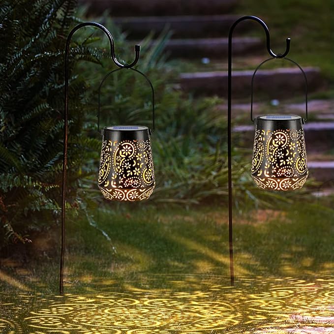 Solar Lanterns Outdoor Waterproof Hanging Solar Lantern, Retro LED Solar Powered Lantern Lights with Handle for Patio Garden Yard Pathway Lawn Porch Decor 2 Pack (Black)