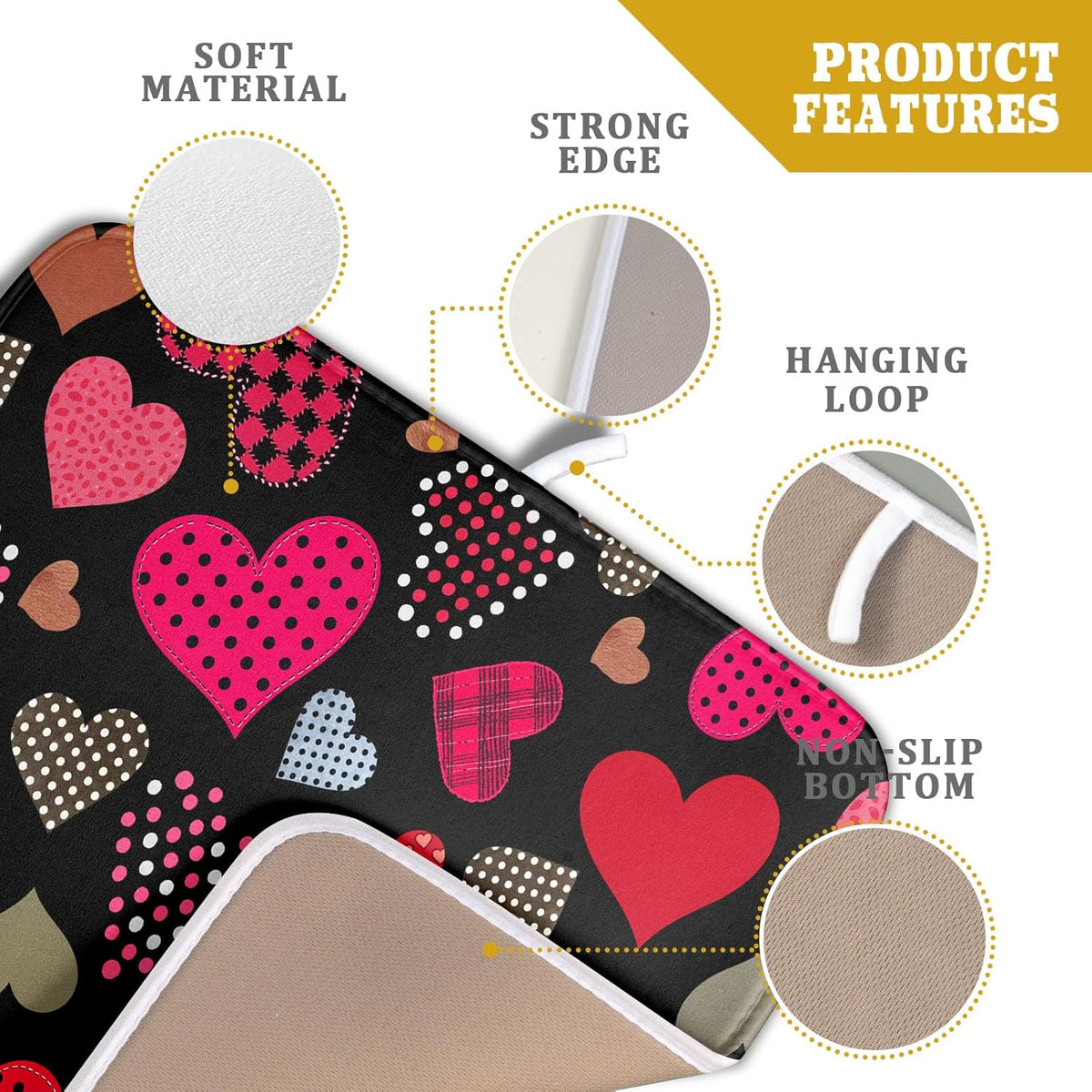 Happy Valentine's Day Black Dish Drying Mat for Kitchen Counter,Pink Love Heart Drying Mat 16 x 18 Inch with High Absorbent Microfiber Drainer Mat