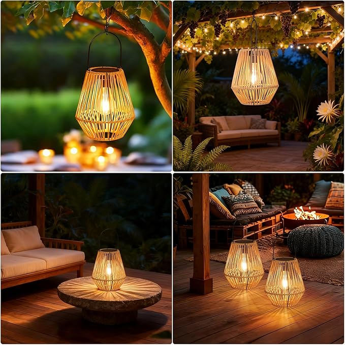 2 Pack Rattan Solar Lanterns Outdoor Waterproof, Boho Solar Lights, Outdoor Garden Lights, Hanging Lanterns Decorative Birthday Gifts for Mom Grandma, Outdoor Lanterns for Porch, Patio