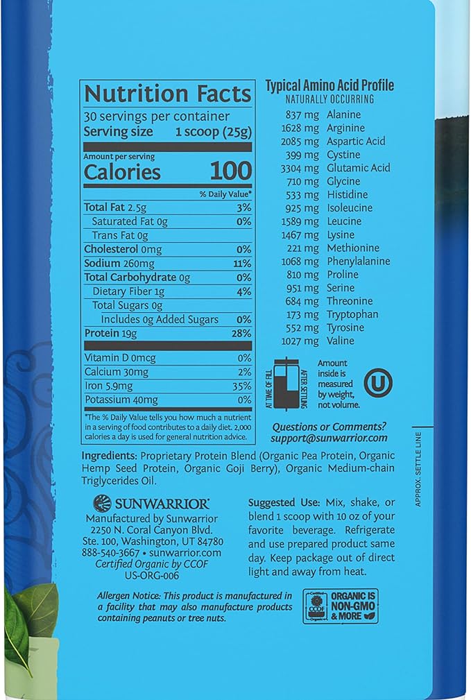Vegan Organic Protein Powder Plant-based, Bcaa Amino Acids Hemp Seed Soy Free Dairy Free Gluten Free Synthetic Free NON-GMO, Unflavored 30 Servings