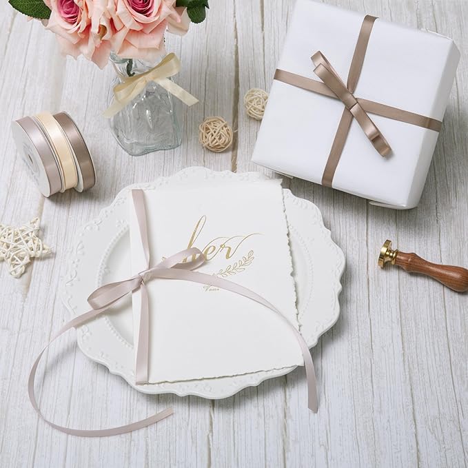 QIANF Champagne Double Face Satin Ribbon 3/8 Inch x 45 Yards Ivory Fabric Ribbon for Gift Wrapping, Flower Bouquets, Hair Bows Making, Wedding Decoration, Invitation Cards, Christmas (3 Rolls *15Yd)