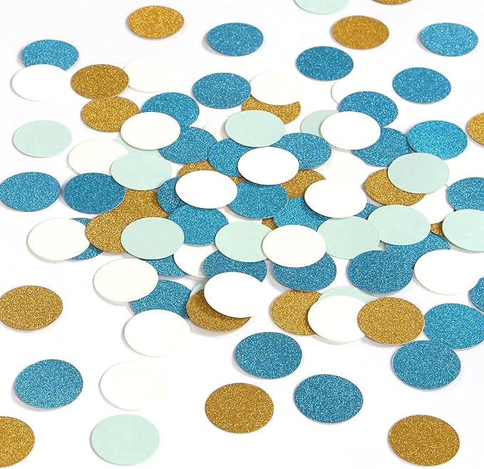 Teal-Blue Mint Ivory Gold Confetti - 300pcs Glitter Paper Dots Birthday Party Decorations Wedding Engagement Bridal Baby Shower Bachelorette Table Decor Lasting Surprise