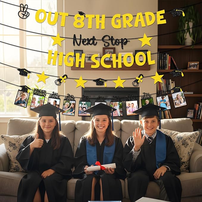 8th Grade Graduation Decorations - 5PCS out 8th Grade Graduation Glitter Banners Photo Banner Decor 2026, Black Gold Middle School Congrats Grad Party Supplies (No-DIY)