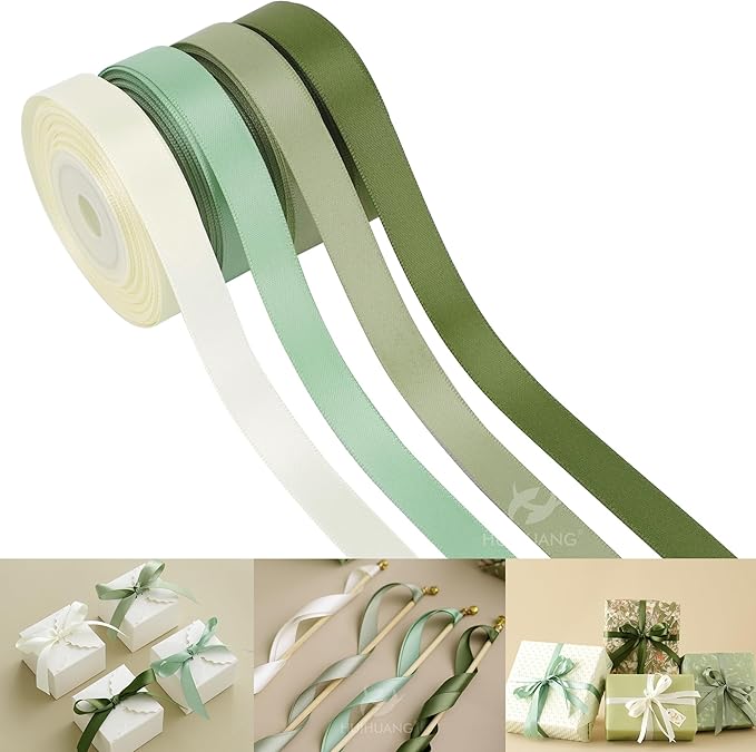 HUIHUANG Sage Green Satin Ribbon 1/2 inch x 4 Rolls Ivory/Sage/Dusty Sage/Moss Green Ribbon for Gift Wrapping DIY Crafts Hair Bows Flower Bouquets Wedding Decor- Total 40 Yards