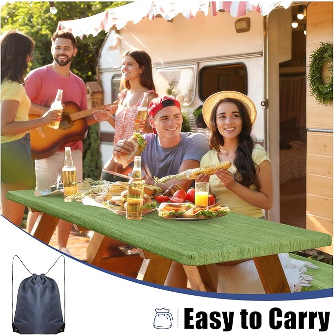 Smiry Picnic Table Cover with Bench Covers, Waterproof Elastic Fitted Tablecloth for 6 Foot Tables, Washable Polyester Tablecloths for Camping, Indoor & Outdoor (Green & Black, 30x72 Inch 3-pc Set)