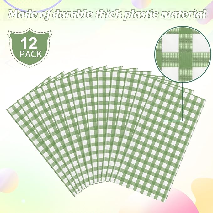 12 Pack Sage Green Plastic Checkered Tablecloth Round, Premium Decorative Disposable Sage Green Gingham Plaid Table Cloths for Parties, Round Party Table Cover for Baby Shower Picnic Birthday, 84 Inch