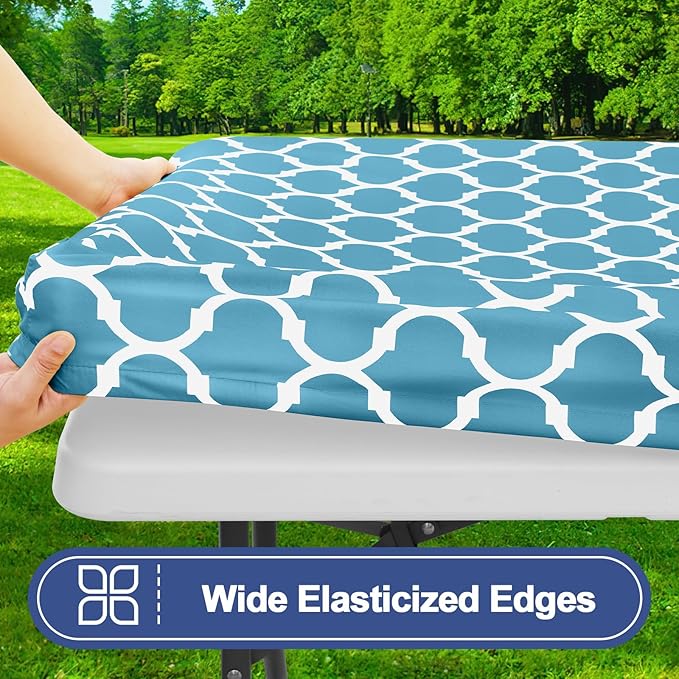 Smiry Picnic Table Cover with Bench Covers, Waterproof Elastic Fitted Tablecloth for 6 Foot Tables, Washable Polyester Tablecloths for Camping, Indoor & Outdoor (Light Blue, 30x72 Inch 3-pc Set)