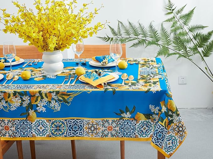 YiHomer Provence Blue Lemon Mediterranean Tile Tabletop for Spring Summer Decorations, Picnics and Dinner Parties - Indoor Outdoor, Stain and Water Resistant, Tablecloth, 60 x 120 Rectangle