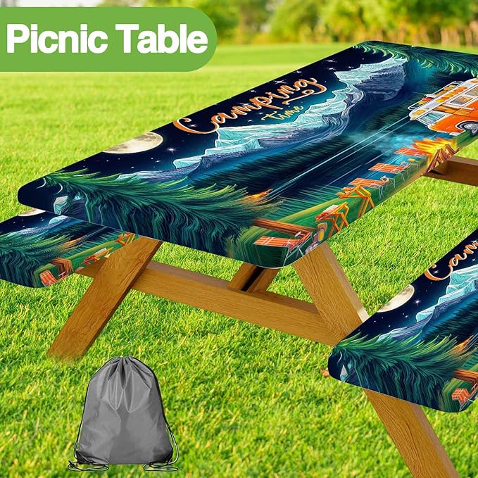 Picnic Table Cover with Bench Covers and Bag, Forest Mountain Lake Fitted Outdoor Table Covers, Camping Essentials, Windproof & Waterproof Tablecloth Cover with Elastic Edge, 3 PCS, 30x72 Inch