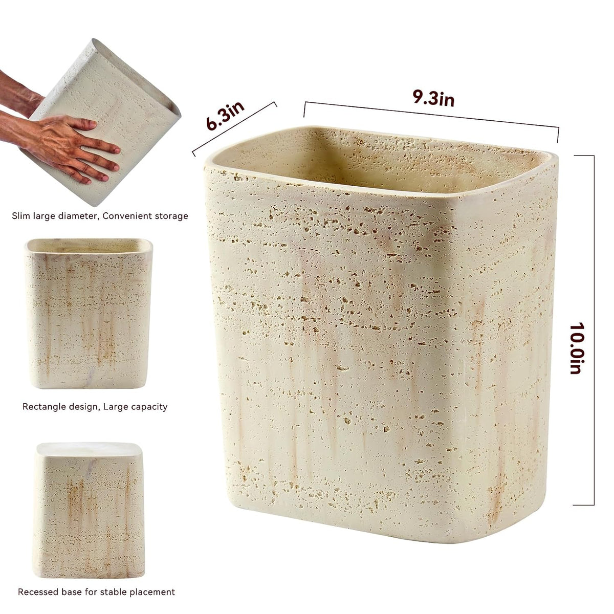 Polytree Natural Travertine Textures Bathroom Trash Can 1.8 Gallon(7 Liter) Small Kitchen Garbage Can,Living Room Bedroom Trash Can, Decor Wastebasket for Home Office (Handmade of Resin)