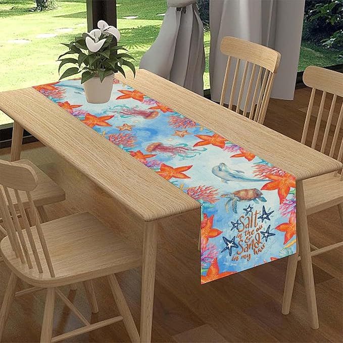 Summer Ocean Table Runner, Blue Sea Coastal Nautical Starfish Turtle Dolphin Seashell Undersea Table Runner Seasonal Holiday Home Kitchen Dining Table for Home Party Decor 13"x36"