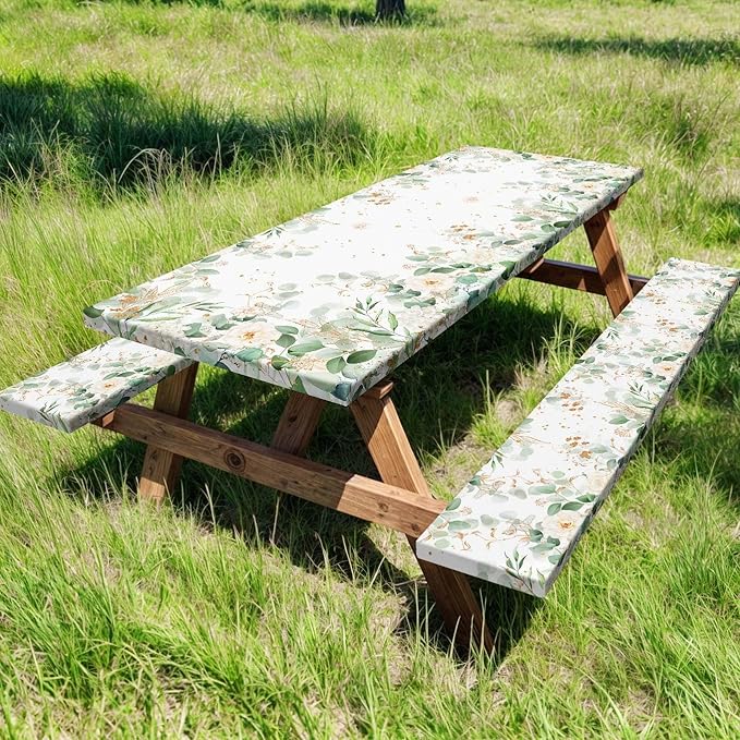 Picnic Table Cover with Bench Covers and Bag, Outdoor Waterproof Windproof Tablecloth with Elastic Edges, Camping Accessories RV Gear Campers 96x30 Inches 3 Pcs Set, Sage Green Eucalyptus Leaves