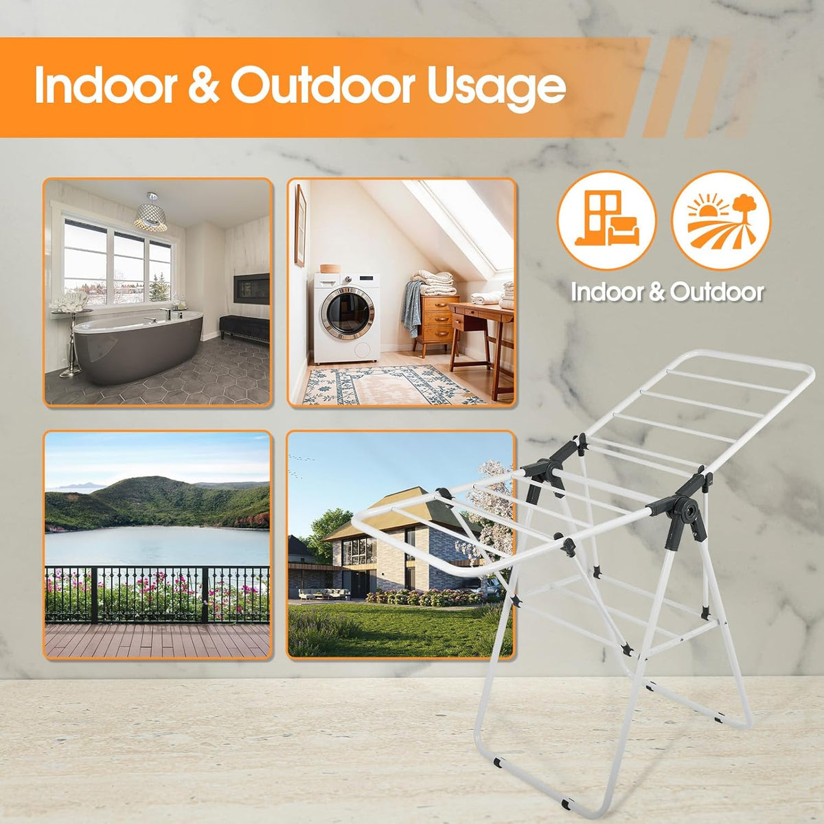 Clothes Drying Rack, Metal Foldable Laundry Drying Rack, with Adjustable Height Levels Wings, Space Saving, Indoor Outdoor Use