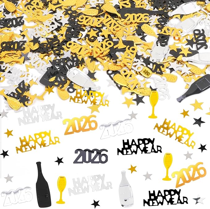 HOWAF 2026 New Year Party Decoration Supplies, New Years Confetti Decoration- Black, Gold, Silver Wine Bottle Glitter Sequins Star Foil Confetti for Happy New Year Eve Decorations Table Scatters
