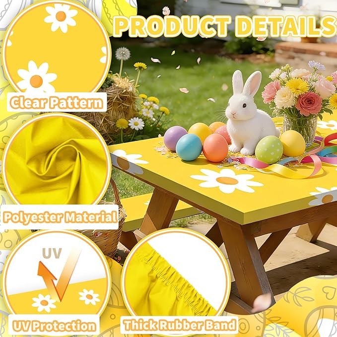 6FT Picnic Table Cover with Bench Covers Set Spring Daisy Decor Waterproof Windproof Camping Rectangle Tablecloths with Elastic Fitted Picnic Table Cover for Easter Spring Table Decor