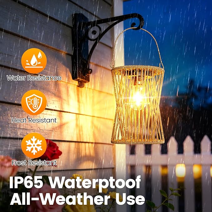 Solar Lanterns Outdoor Waterproof 2 Pack, Upgraded Rattan Hanging Solar Lights for Outside with Handle, Bright Auto On/Off Decorative Outdoor Lanterns for Patio Garden Yard Porch, Gifts for Mom