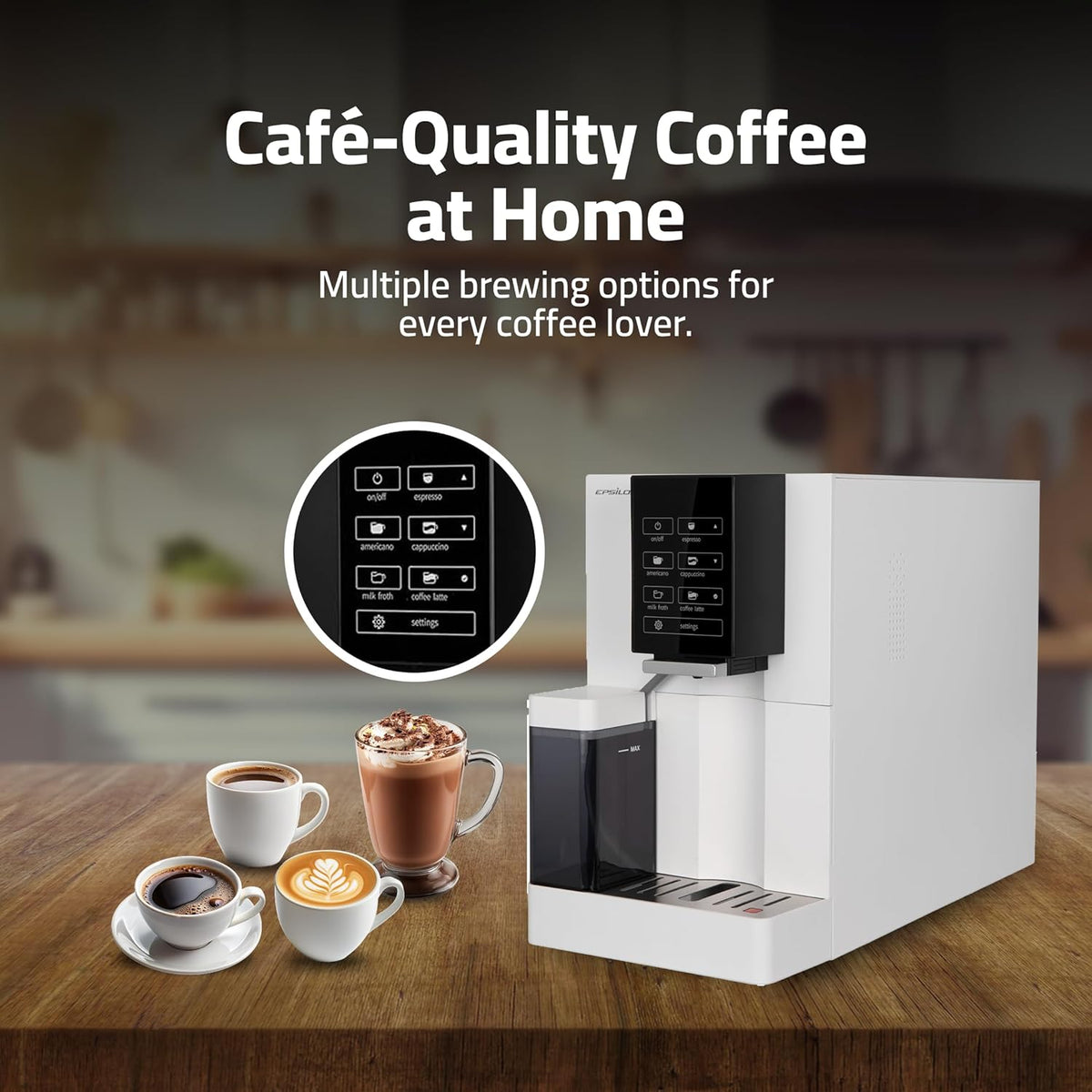 Epsilon Fully Automatic Coffee Machine, Modern One Touch Espresso Machine, Integrated Milk Frother and Custom Brewing Cafe Maker
