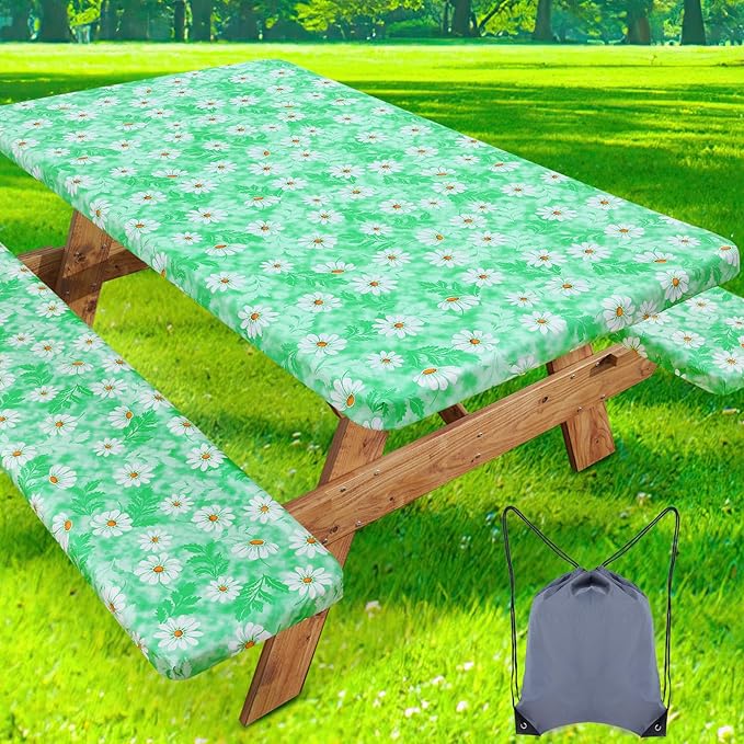 misaya Picnic Table Cover with Bench Cover, Waterproof Elastic Fitted Tablecloth for 5 Foot Tables, Rectangle Washable Polyester Tablecloths for Picnic, Camping, Outdoor (Green Daisy, 30" x 60")