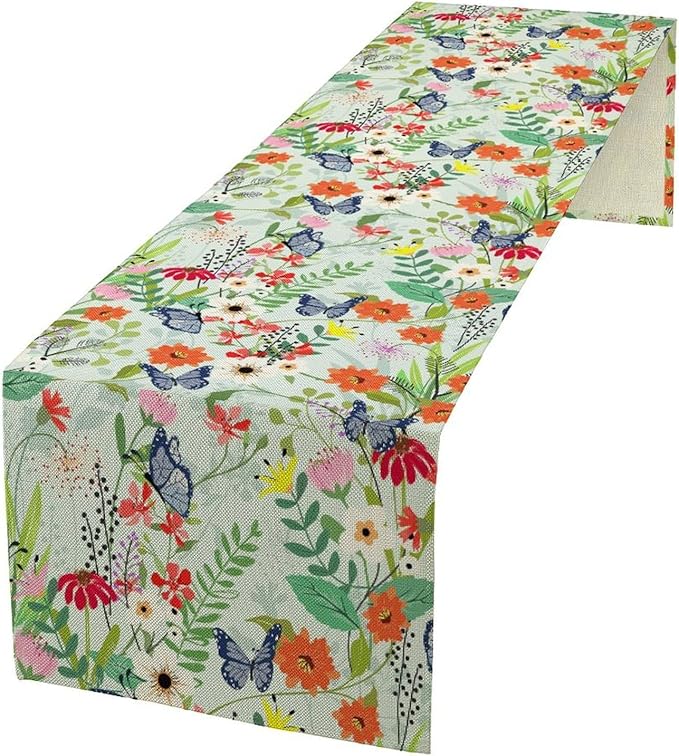 Butterfly Table Runner, Colorful Wildflower Butterfly Spring Table Runner for Holiday Kitchen Dining Home Party Outdoor 13x60in