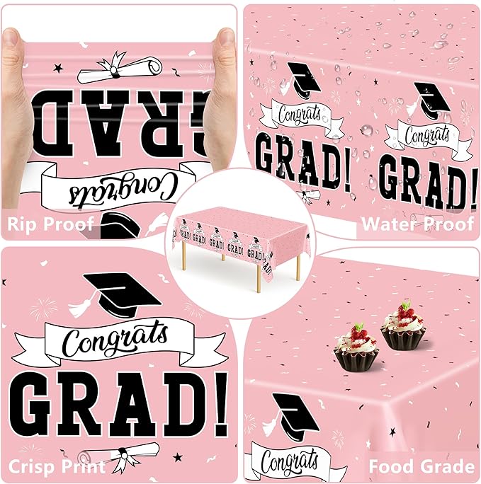 2 PCS Graduation Tablecloth, 108" X 54" Pink Graduation Decorations 2026, Disposable Plastic Tablecover for Class of 2026 Congrats Grad, Rectangle Table Cloths for Grad Decor Party Supplies for Kids