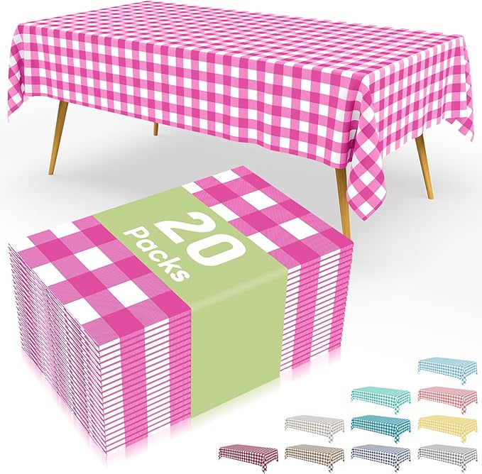 Smiry 20 Packs Gingham Disposable Table Cloth, 54 x 108 Inch Waterproof Plastic Tablecloth, Rectangle Hot Pink and White Checkered Table Covers for Picnic, Birthday, Party