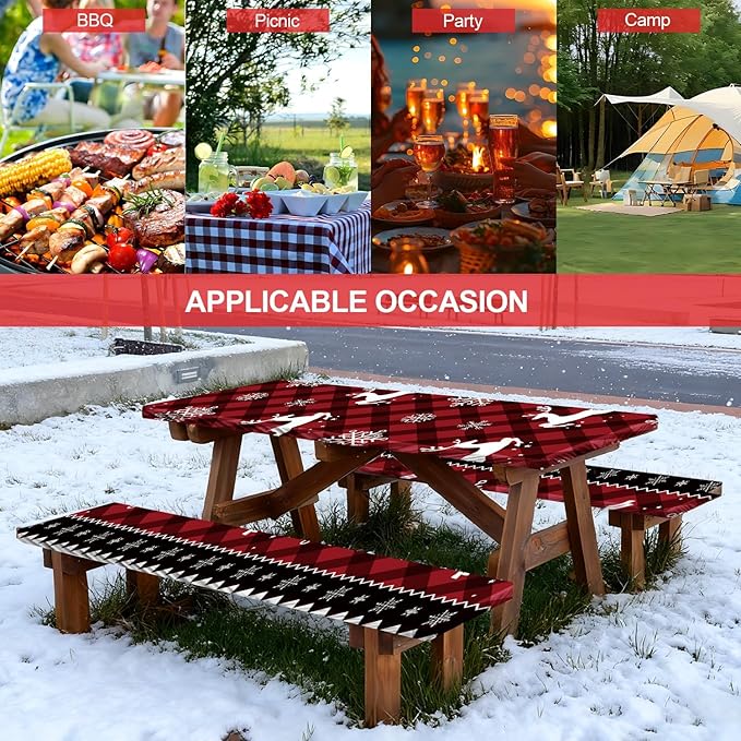 Picnic Table Cover with Bench Covers Set of 3, Elastic Fitted Tablecloth for 6 Foot Tables, Washable Polyester Tablecloths for Camping, Indoor & Outdoor