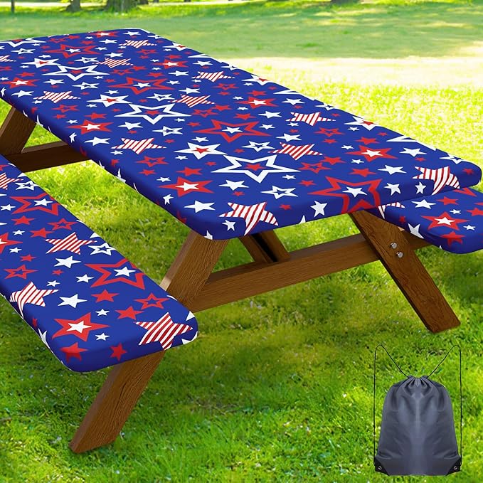 Smiry Picnic Table Cover with Bench Covers, Waterproof Elastic Fitted Tablecloth for 8 Foot Tables, Washable Polyester Tablecloths for Camping and 4th of July (Navy Blue & Red, 30x96 Inch 3-pc Set)