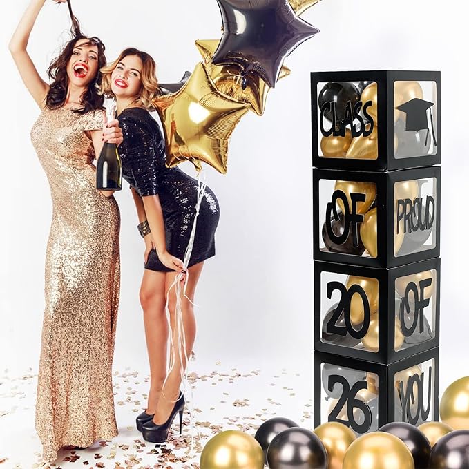 Graduation Decorations 2026,4 Pcs Transparent Balloon Boxes with Letters of GRAD,PROUD OF YOU,Class of 2026 and 130pcs Black and Gold Balloons Arch Kit for High School College 2026 Grad Party Supplies