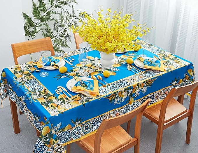YiHomer Provence Blue Lemon Mediterranean Tile Tabletop for Spring Summer Decorations, Picnics and Dinner Parties - Indoor Outdoor, Stain and Water Resistant, Tablecloth, 60 x 102 Rectangle