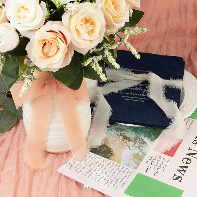 Peach Pink Chiffon Ribbon 1 Inch x 21Yds Handmade Fringe Chiffon Silk Ribbon Peach/Pink/Ivory Frayed Chiffon Ribbon for Gift Wrapping Wedding Invitation Flower Bouquets Bridal Shower