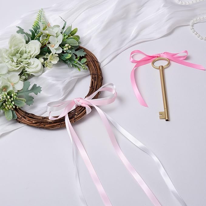 QIANF Pink Double Face Satin Ribbon 3/8 Inch x 45 Yards White Fabric Ribbon for Gift Wrapping, Flower Bouquets, Hair Bows Making, Wedding Decoration, Invitation Cards, Valentine's Day (3 Rolls *15Yd)