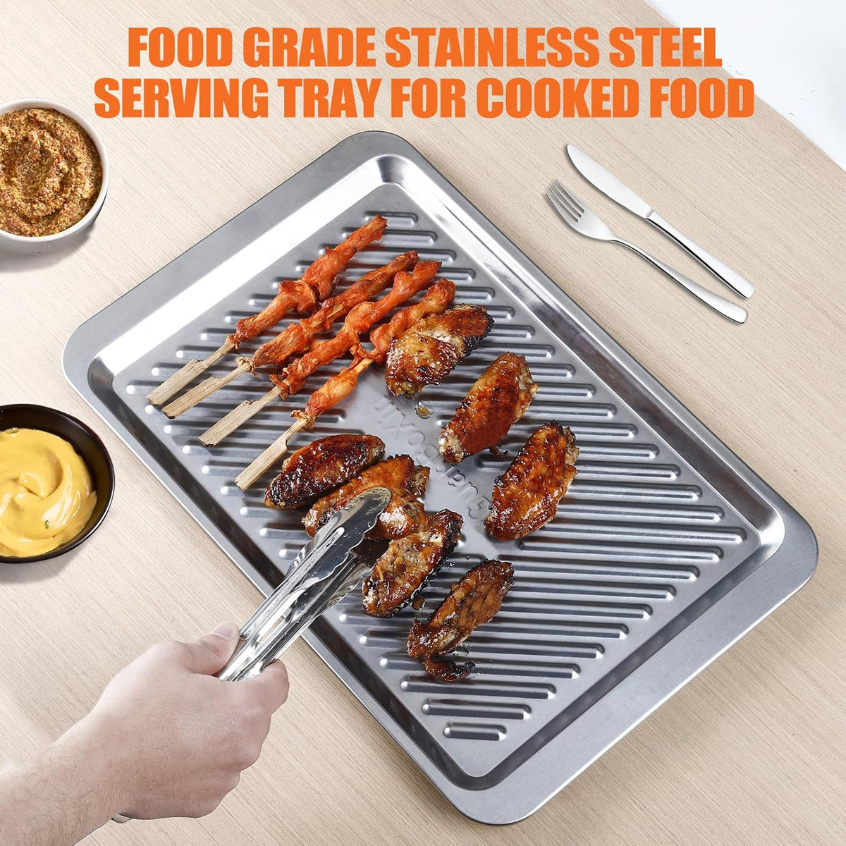 Grilling Prep and Serve Trays Set of 2 Stackable Stainless Steel BBQ Trays Marinating Tray Food Serving Platter for Cooked and Raw Meat BBQ Prep Tub