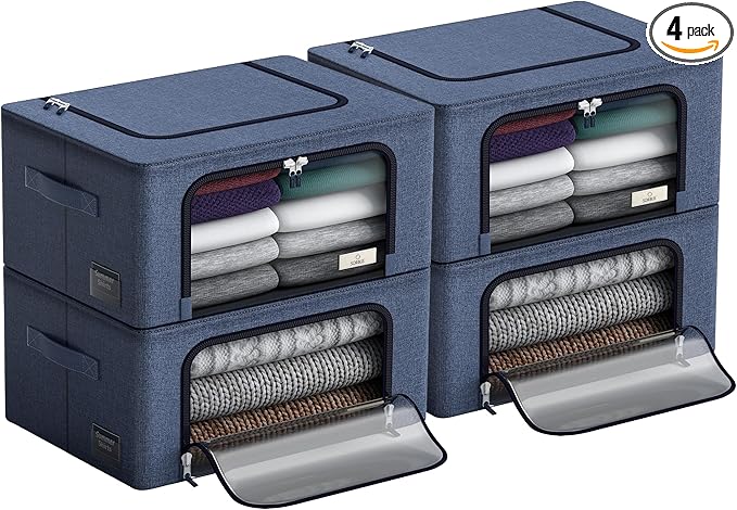 Sorbus Storage Bins with Metal Frame - Stackable & Foldable Clothes Organizer Bags - Oxford Fabric Storage Containers with Large Clear Window & Carry Handles, Bedroom Organization for Bedding & Linen