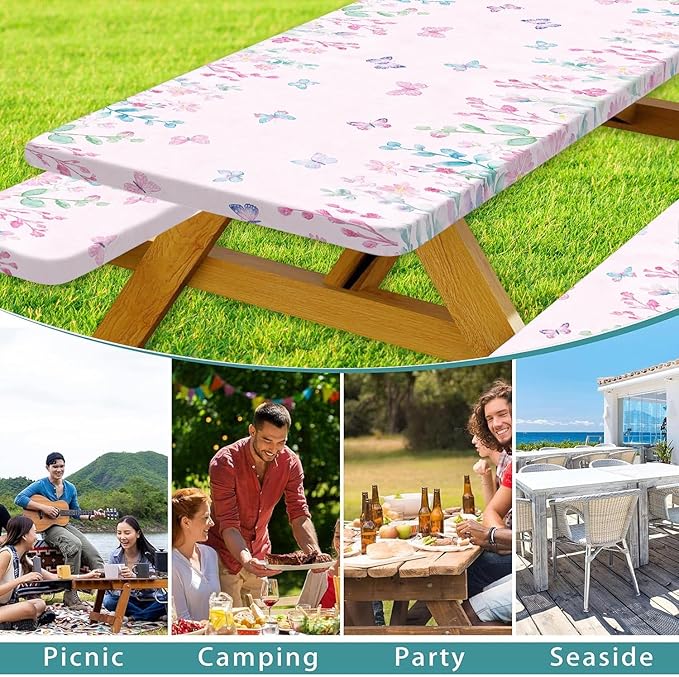 Butterfly Picnic Table Cover with Bench Covers, Camping Essentials, Flower Leaf Plant Waterproof Windproof Table Cover, Fitted Tablecloth Cover with Elastic Edge, for Indoor & Outdoor 3 PCS 30x96 Inch