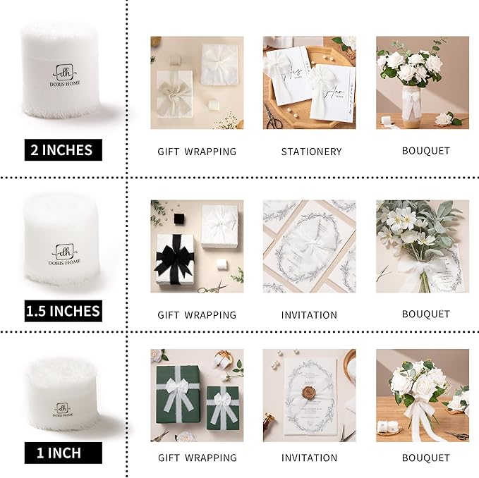 DORIS HOME Ivory White Chiffon Ribbon for Flower Bouquet, 2" x21Yd Fabric Ribbon for Gift Wrapping, Handmade Frayed Ribbon for Wedding/Christmas Decorations