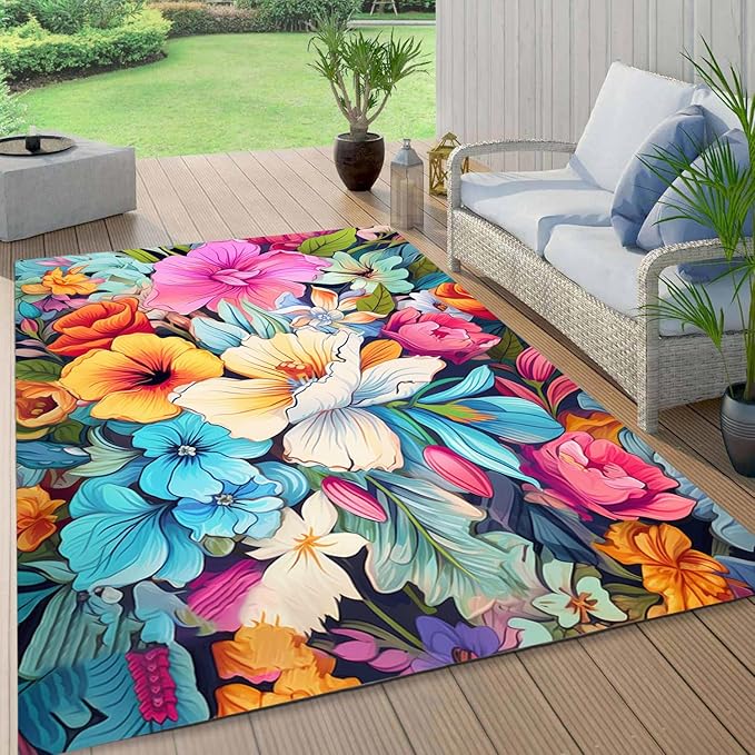 Large Floral Outdoor Rug for Patio Balcony Deck Camping Poolside Garden Machine Washable Waterproof Porch Backyard Outside Carpet 3x8 Orange Blue Pink Flower Mat Easy Clean