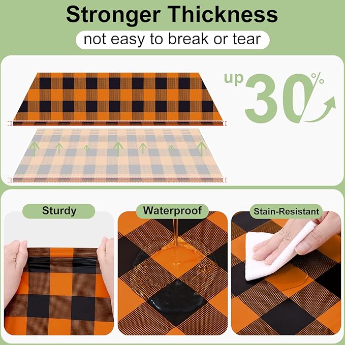 Smiry 10 Pack Gingham Disposable Table Cloth, 54 x 108 Inch Waterproof Plastic Tablecloth, Rectangle Black and Orange Checkered Table Covers for Picnic, Birthday, Party