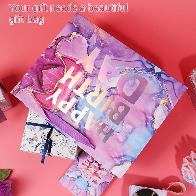 PARNOG 13" Large Happy Birthday Gift Bag with Tissue Paper and Card for Girls Kids Women Birthday（2PCS）