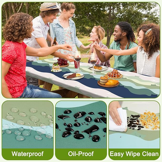 Picnic Table Cover with Bench Covers Portable Table Cloth Built-in Storage Pocket Fitted Tablecloth with Elastic Edges Waterproof Camping Essentials for Indoor Outdoor Rv,96in,Green Cat