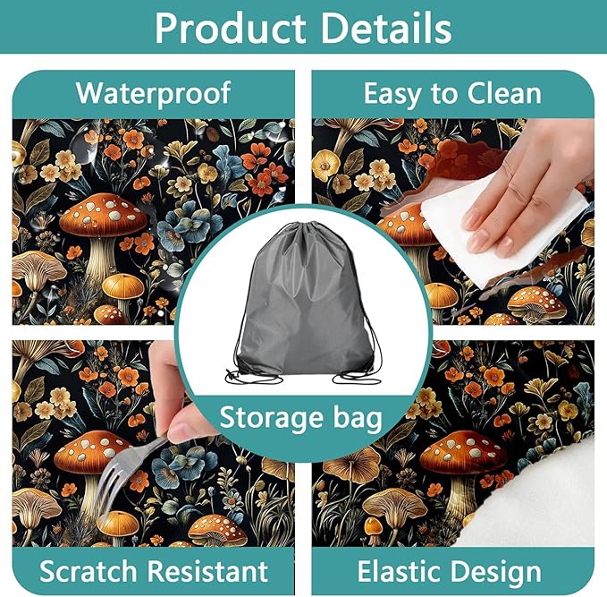 Picnic Table Cover with Bench Covers and Bag, Summer Outdoor Waterproof Windproof Tablecloth with Elastic Edges, Camping Accessories RV Gear Campers 3 Pcs Set, Black Mushroom 30X72inch