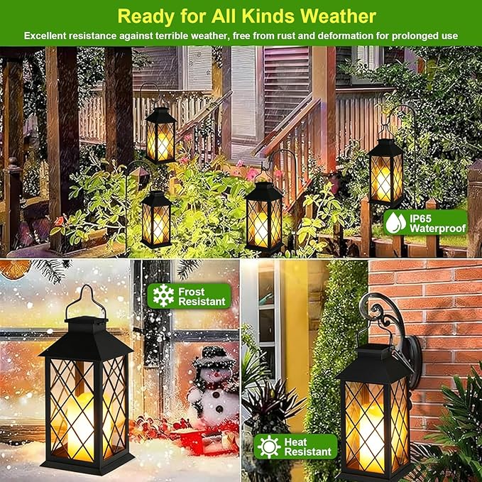 2 Pack 14" Large Tempered Glass Solar Lanterns Outdoor Waterproof, Hanging Solar Lights with Flickering Flameless Candles, Solar Lantern for Wall Porch Patio Table Garden Decoration (Black)