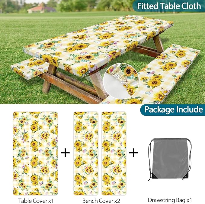 Sunflower Picnic Table Cover with Bench Covers, Yellow Buffalo Plaid Farmhouse Elastic Camping Table Cloth Picnic Party Essentials, Vintage Floral Rectangular Table Cloth Cover