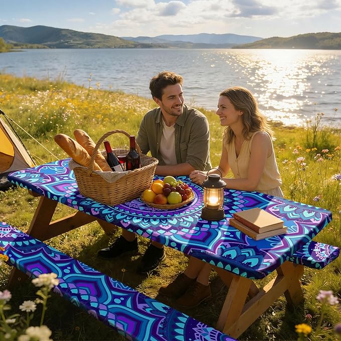Picnic Table Cover with Bench Covers Windproof Waterproof Picnic Table Covers Camping Tablecloth with Self-Storage Bag, 72in, Blue Purple