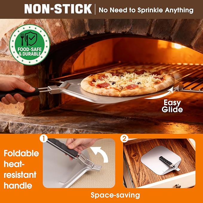 Pizza Peel Aluminum Metal Pizza Spatula Kit | 12x14 Inch Foldable Handle Paddle | 6Pcs Pizza Oven Accessories with Rocker Cutter, Pizza Pan, Pizza Server, Oven Mitts, for Family Oven Baking