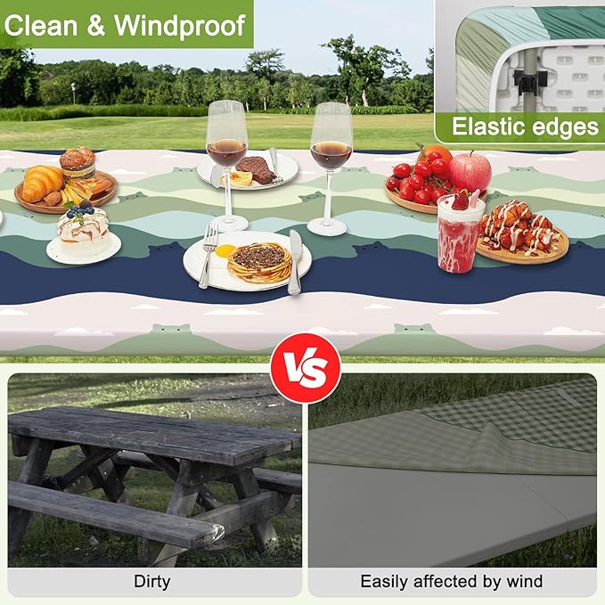 Picnic Table Cover with Bench Covers Portable Table Cloth Built-in Storage Pocket Fitted Tablecloth with Elastic Edges Waterproof Camping Essentials for Indoor Outdoor Rv,72in,Green Cat