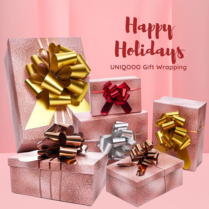 UNIQOOO Assorted Gift Wrap Pull Bow Set of 48, Medium 4'' Large 6'', Bulk for Gift Wrapping Basket Box Bag Décor, Valentines Day Wedding Birthday Christmas Anniversary, Metallic Rose Gold Red Sliver